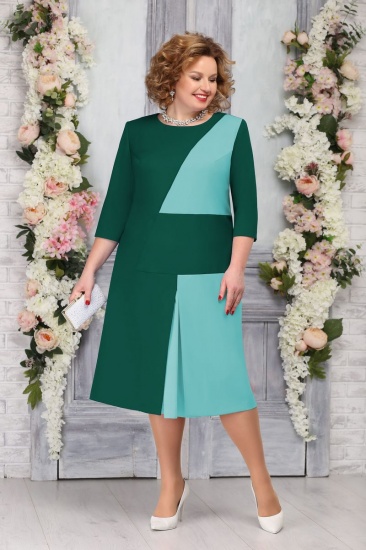 Платье с геометрическими вставками, изумруд с зеленым
