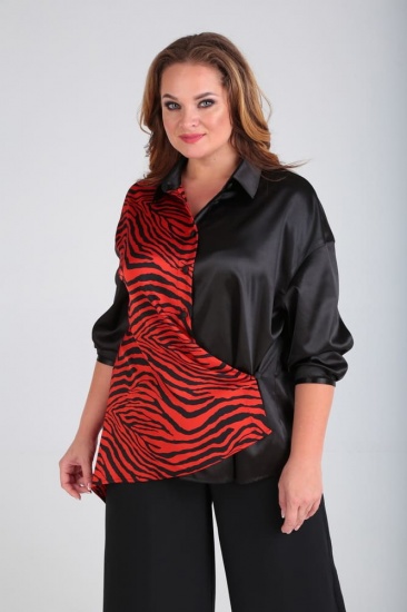 Легкая блузка с принтованной вставкой, черная с красным