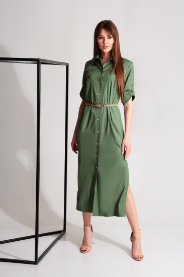 Стильное длинное платье-рубашка с воротником-стойкой, зеленое