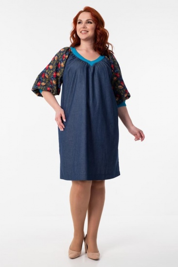 Джинсовое платье с широкими принтованными рукавами, синее