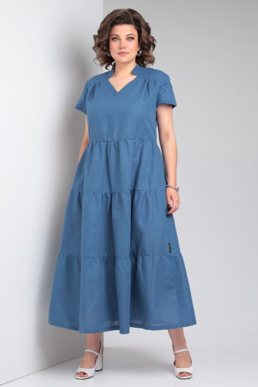 Длинное расклешенное платье с коротким рукавом, синее