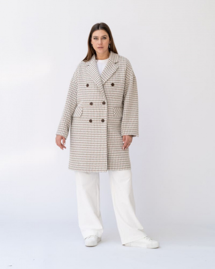 Двубортное драповое пальто, бежевый принт