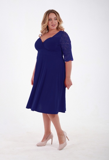 Платье с расклешенной юбкой и кружевным рукавом, темно-синее