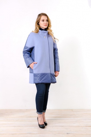 Комбинированное прямое пальто со спущенным плечом, синее