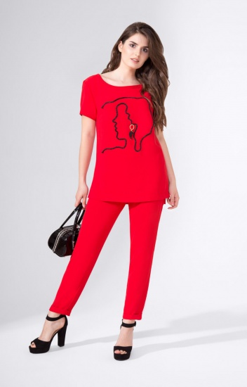 Комплект из брюк и блузки с коротким рукавом, красный