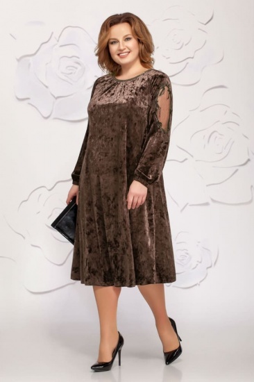 Свободное велюровое платье с вышивкой на сетке, коричневое
