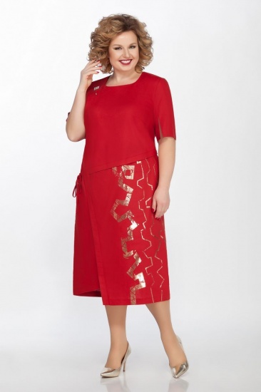 Льняное платье с асимметричным подрезом и термопечатью, красное