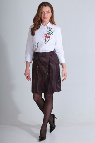 Комплект из юбки в полоску и блузки с вышивкой, коричневый с белым