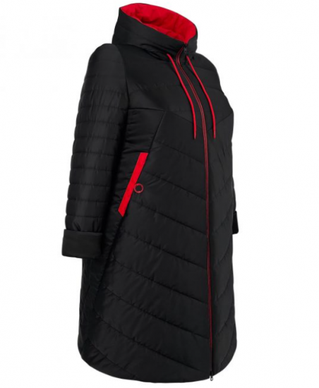 Демисезонное пальто с капюшоном и красной отделкой, черное