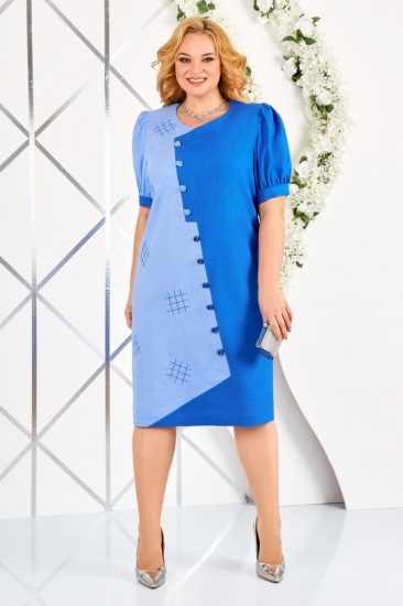Асимметричное платье с декоративными пуговицами, василек с голубым