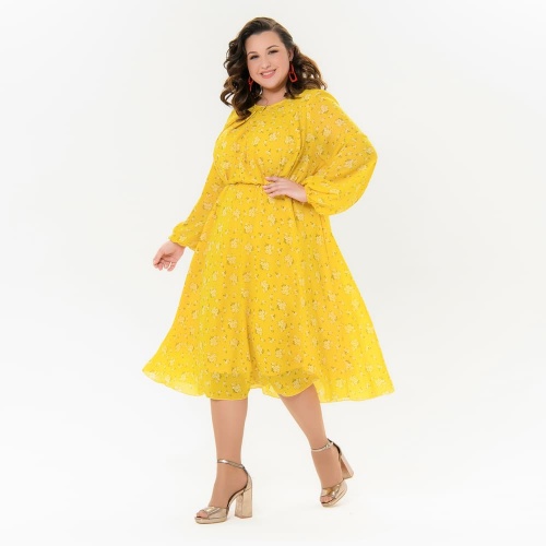 Повседневное шифоновое платье с расклешенной юбкой, желтое
