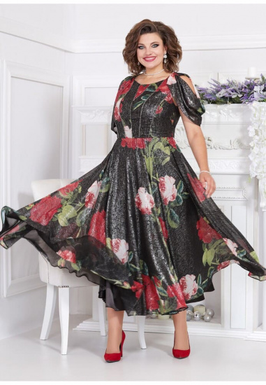 Длинное платье с крупными цветами и декором на плече, черное