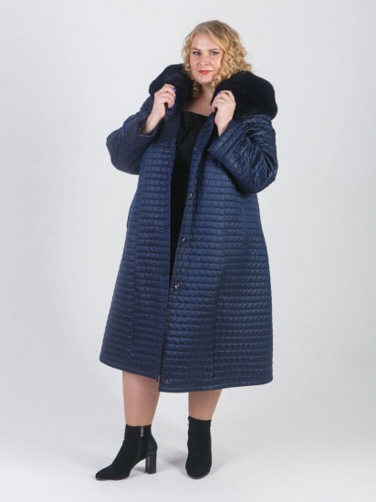 Стеганное плащевое пальто с эко-мехом, синее