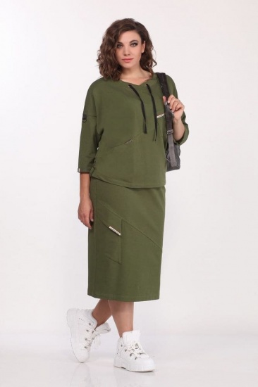 Трикотажный комплект из юбки и туники с декором, зеленый
