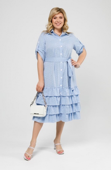 Платье-рубашка с широкими рюшами и поясом, голубое