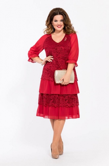 Комбинированное платье с резинкой на рукаве, красное