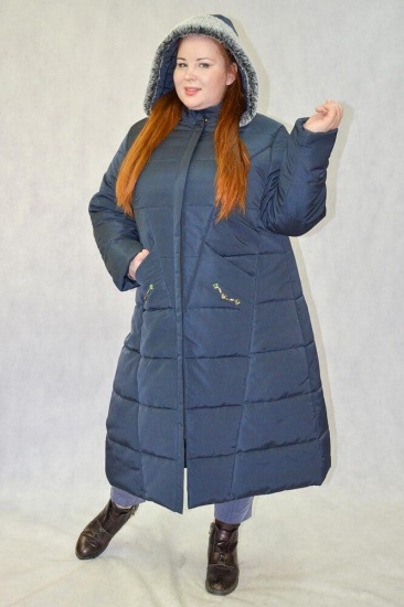 Пальто с двойным утеплителем и меховой опушкой, синее
