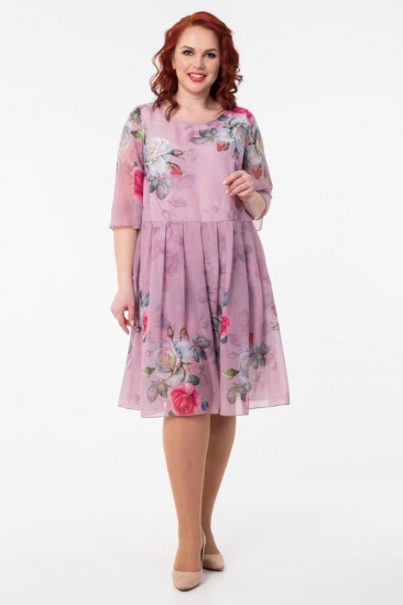 Платье с цветочным принтом и складками на юбке, розовое