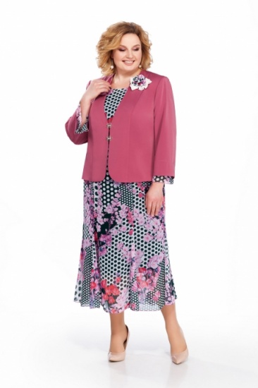 Комплект из шифонового платья с цветами и тёмно-розового жакета