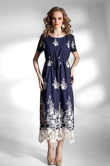 Длинное платье с коротким рукавом и кулисой на талии, синее