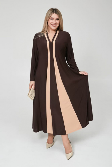 Длинное расклешенное платье с контрастной вставкой, темно-коричневое