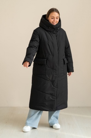 Длинное зимнее пальто с объемным капюшоном, черное