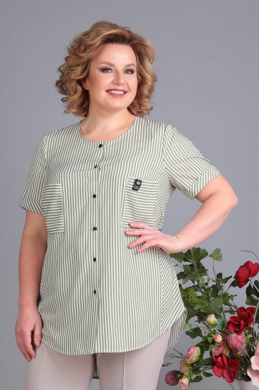 Свободная блузка с коротким рукавом, оливковая полоска