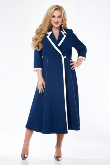 Длинное приталенное платье с контрастным кантом, синее