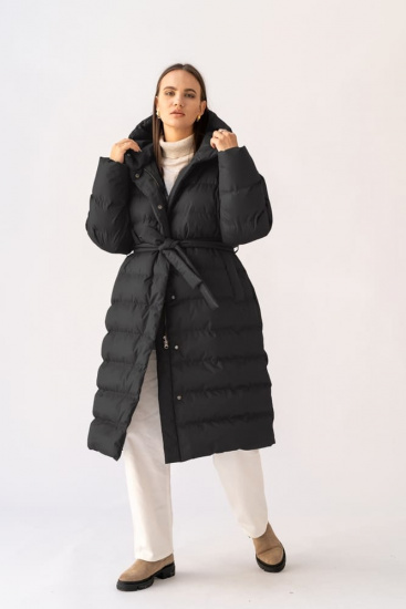 Зимнее пуховое пальто с горизонтальной стежкой, черное