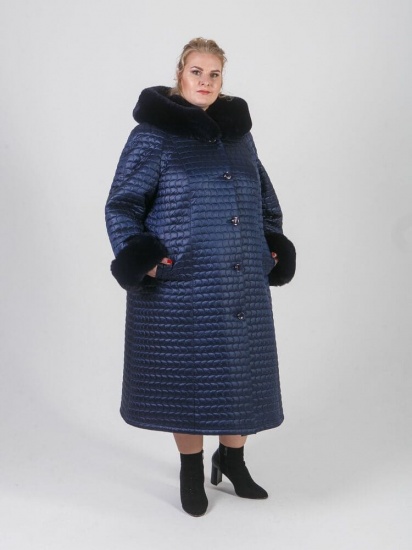Зимнее пальто с геометрической стежкой и эко-мехом, синее
