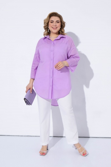 Комплект из брюк и легкой блузки с хлопковым ришелье, лиловый с молоком