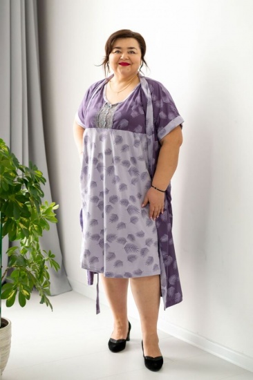 Комплект из сорочки и халата с коротким рукавом, фиолетовый