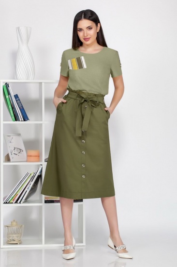 Комплект из юбки с имитацией застежки и блузки с карманом, зеленый