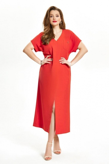 Длинное льняное платье с высоким разрезом, красное