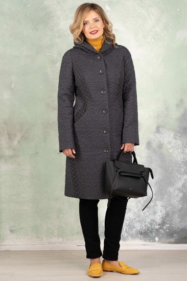 Приталенное пальто на синтепоне с капюшоном, дымчато-серое