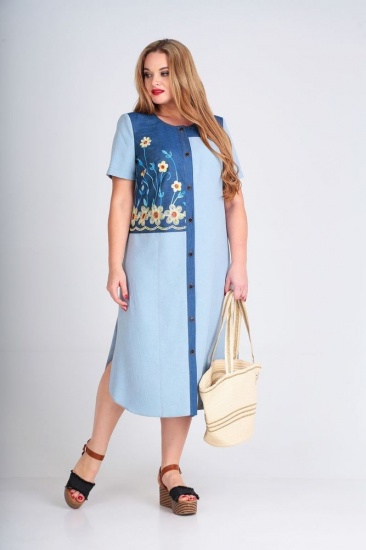 Однотонное платье с цветной вышивкой, голубое