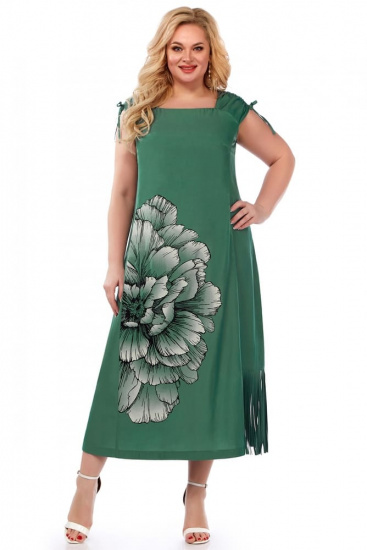 Платье с дизайнерской печатью и бахромой сбоку, морская зелень