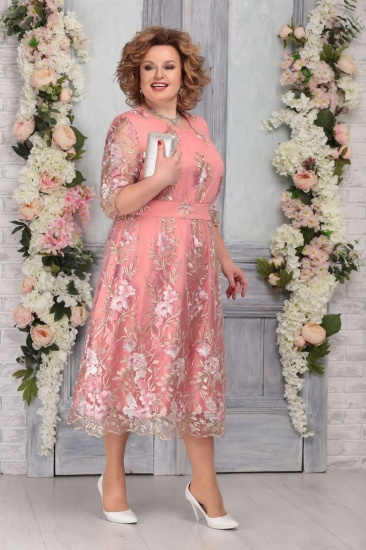 Двухслойное платье с цветочным узором на гипюре, персик