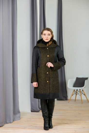 Комбинированное демисезонное пальто с капюшоном, черное