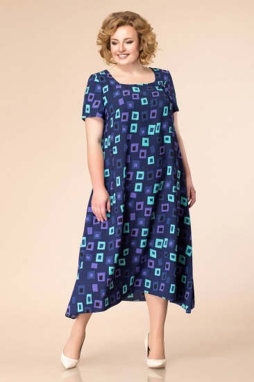 Длинное платье А-силуэта с коротким рукавом, синее с квадратами