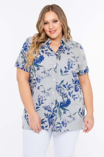 Летняя блузка в полоску с цветами, синяя