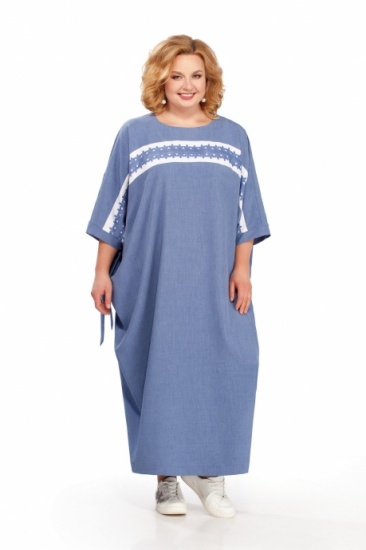 Длинное свободное платье с декоративной тесьмой, синее