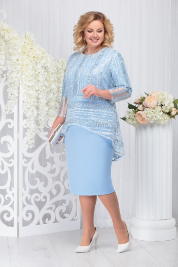 Комплект из платья и гипюровой блузы с россыпью пайеток, голубой