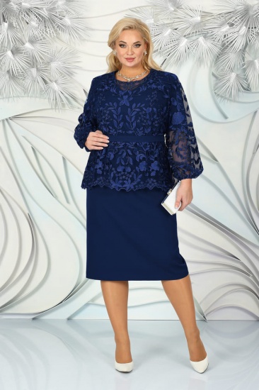 Комплект из платья и блузки из гипюра с фигурным низом, темно-синий