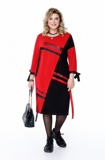 Свободное платье с асимметричным подрезом, красное с черным