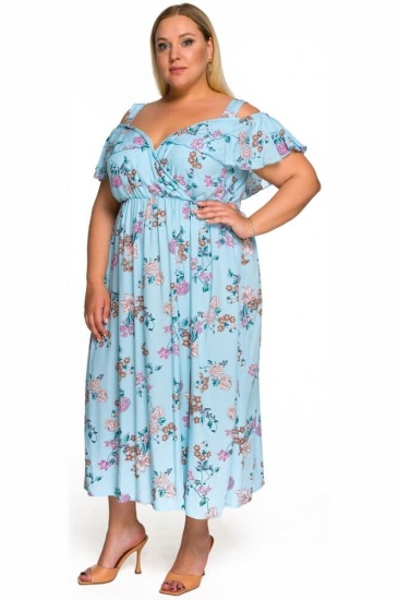 Платье-сарафан с воланом на лифе, цветы на голубом