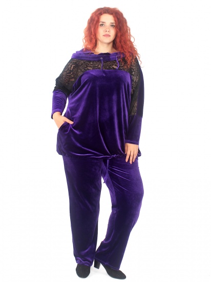 Велюровый комплект из брюк и блузки с кружевом, фиолетовый