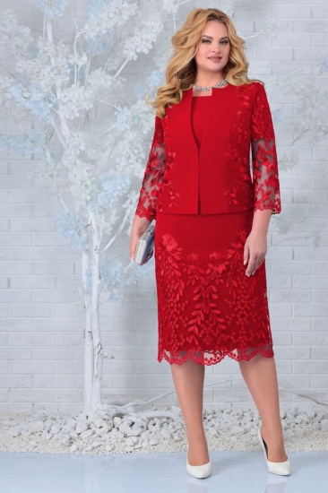 Комплект из платья и жакета с декором гипюром, красный