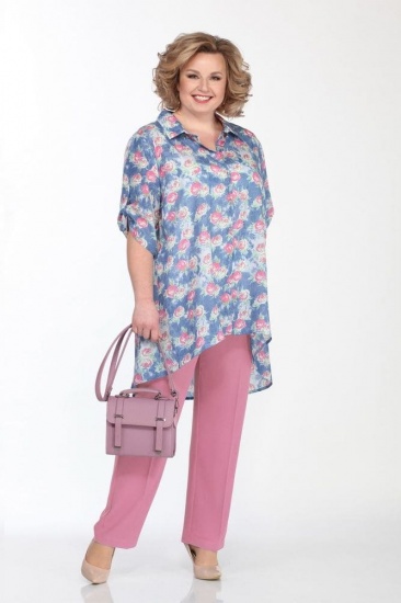 Комплект из брюк и легкой удлиненной блузки, розовый с голубым