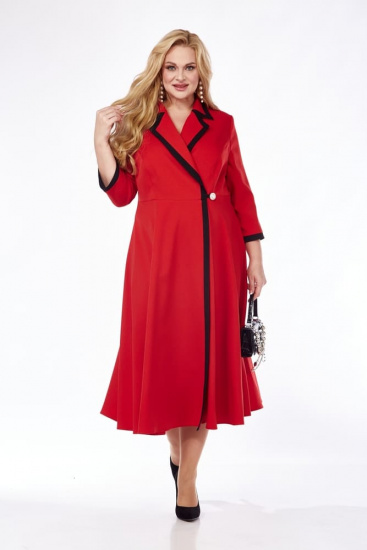 Длинное приталенное платье с контрастным кантом, красное